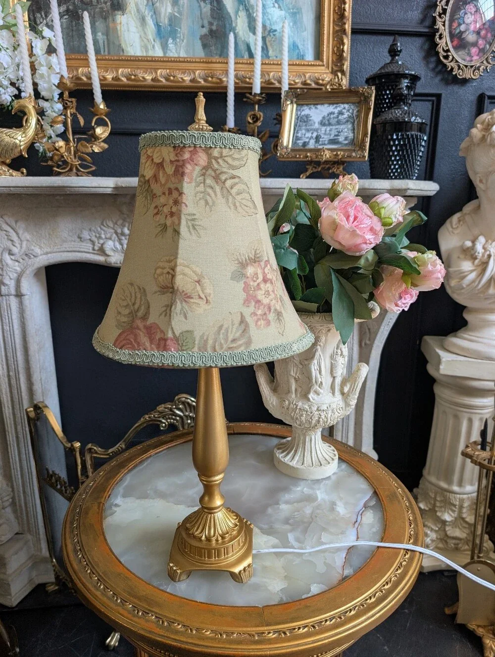 Vintage Gold French country style Ornate-Footed table lamp, I'm Floral Shades